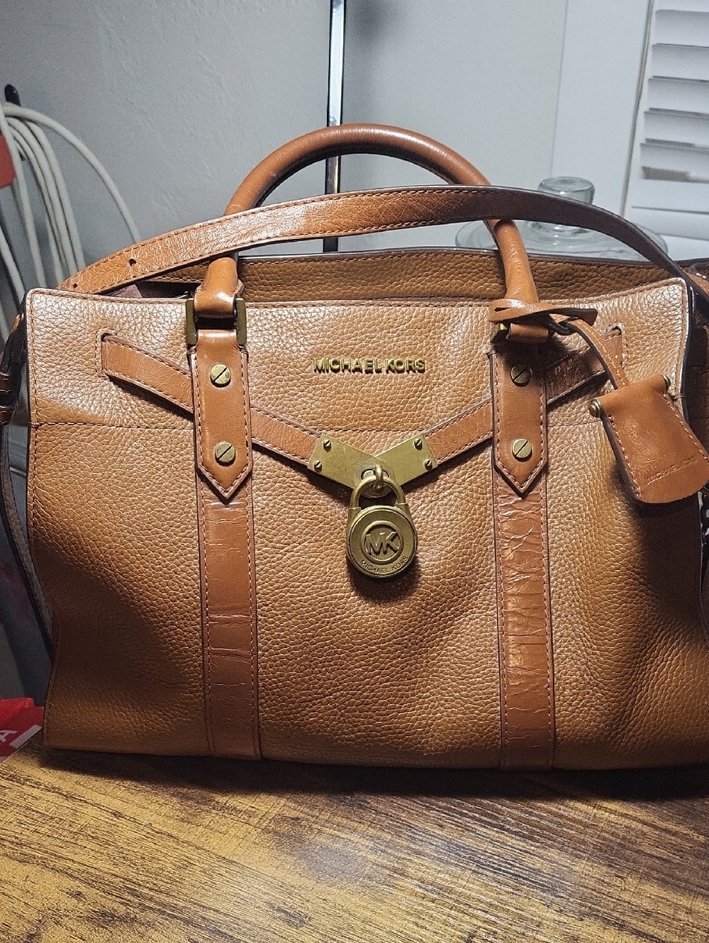 MICHAEL KORS Cognac Brown Leather Satchel with Gold Hardware